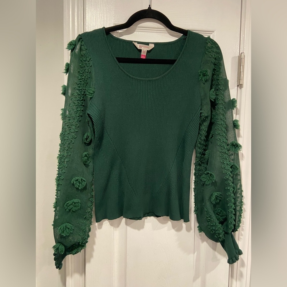No Boundaries Green Ribbed Knit Sheer Puff Ruffle Embroidered Sleeve Size L